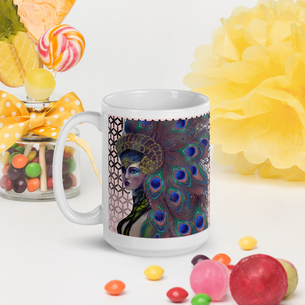 Premium White Ceramic - Peacock Queen Ceramic Mug - Majestic Peacock Design -15-oz left