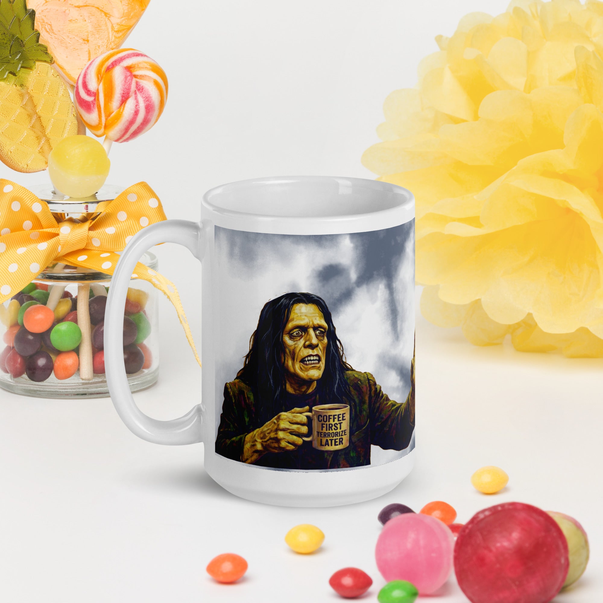 Premium white ceramic -Frankenstein & Bride Coffee Mug - Made for Each Other, Mostly for Coffee - shows Frankenstein's monster fearful holding a mug that has " Coffee First...Terrorize Later" 15 oz left view