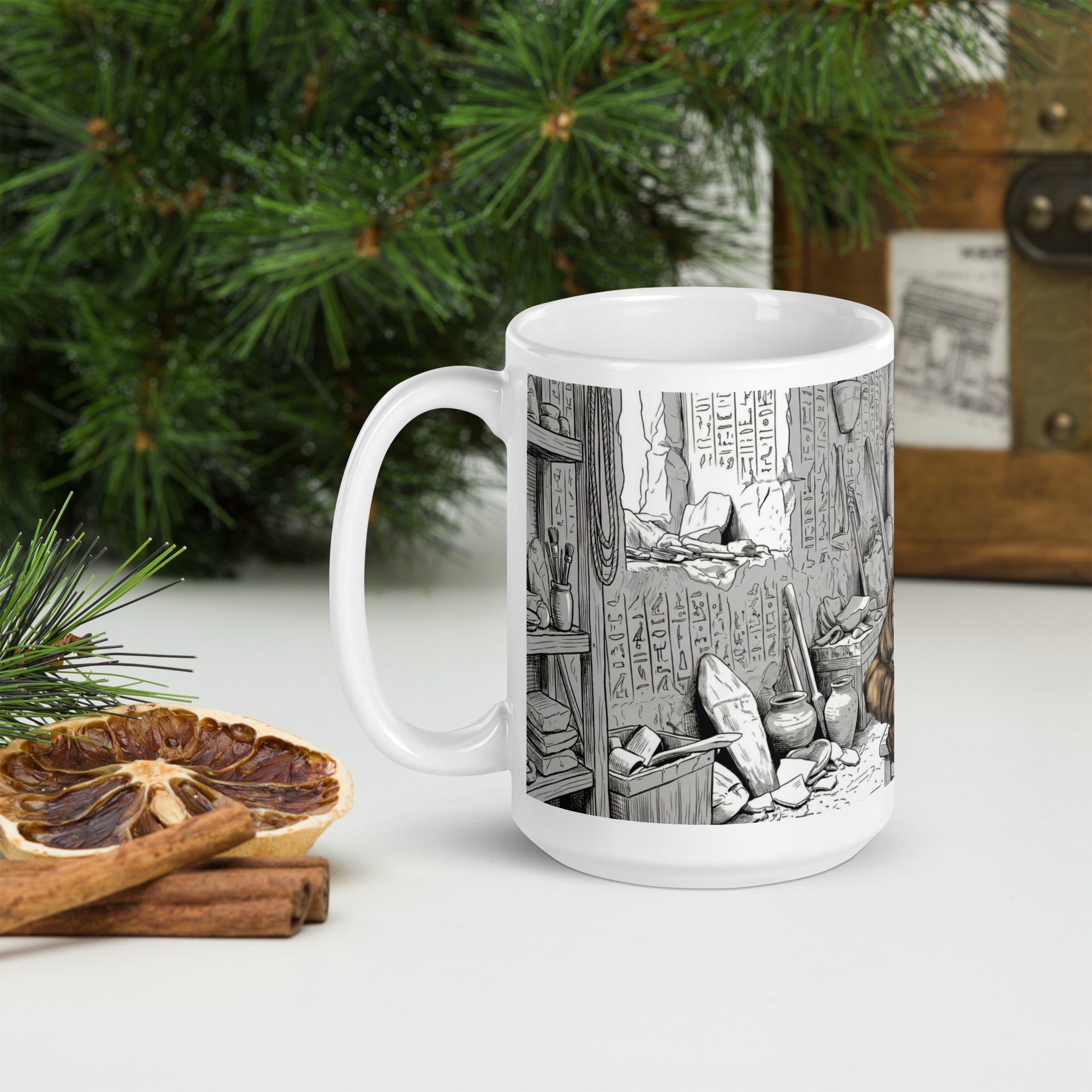 Premium white ceramic coffee mug -Additional tomb scene with hieroglyphic walls, urns, scrolls, and archaeological details 15 oz left view