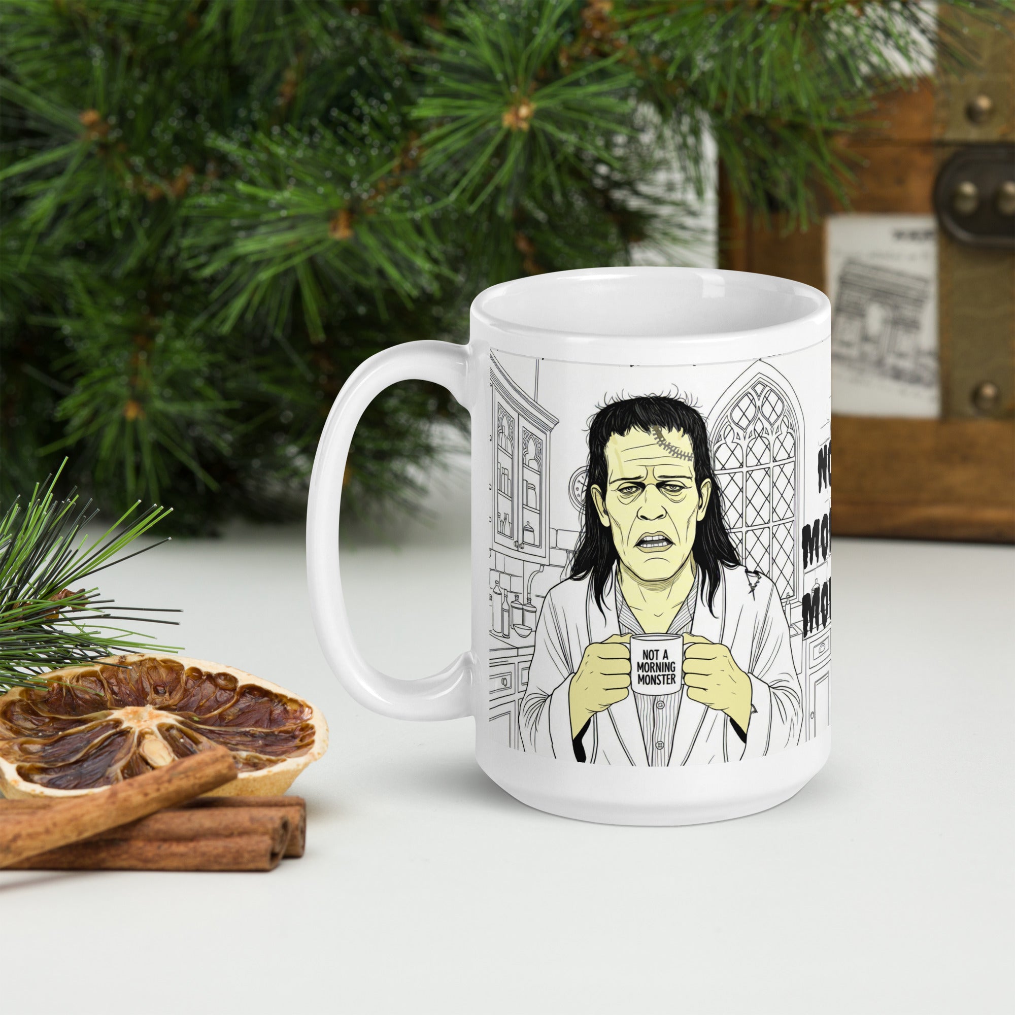 Not a Morning Monster Mug - Brew-kenstein Coffee Gothic | Brew Crew — Premium white ceramic mug with Brew-kenstein in bathrobe in his gothic kitchen. 15 oz - left
