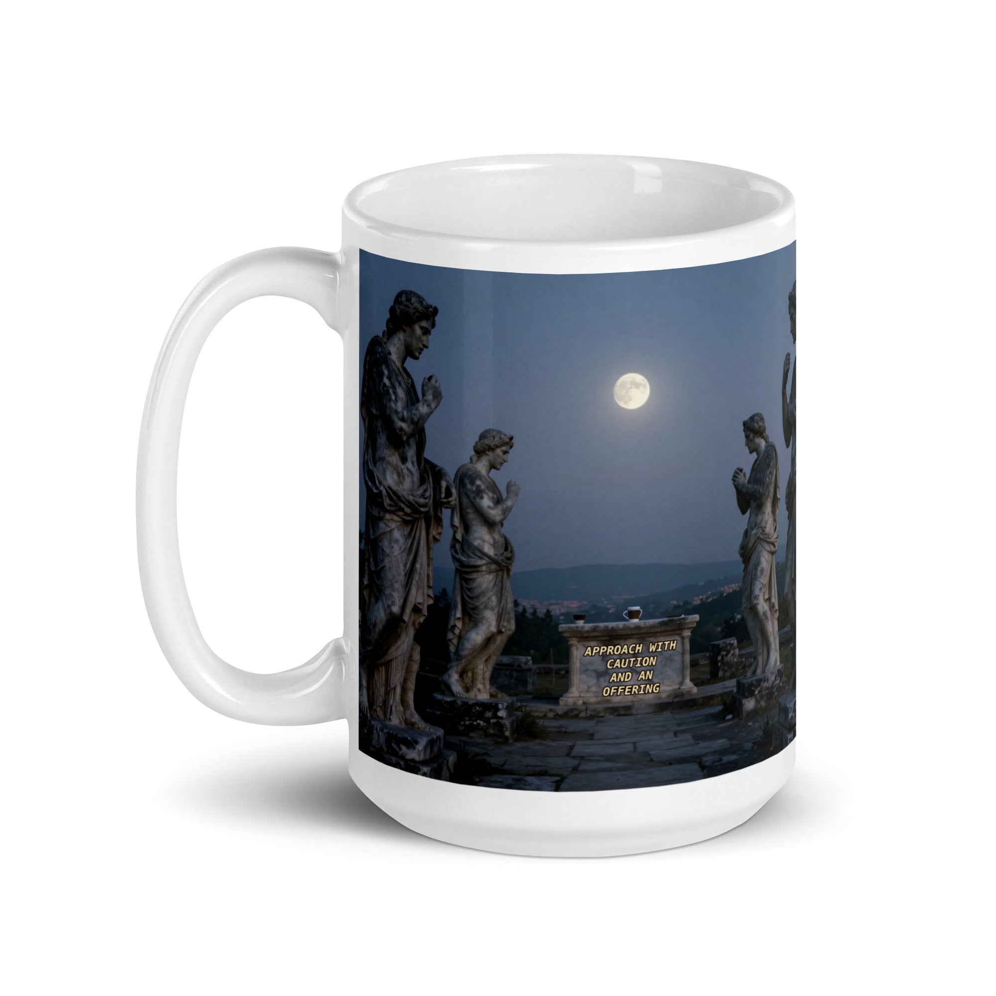 Medusa mug left view showing stone statues under a full moon with the inscription "Approach with Caution and an Offering" — 15oz glossy white ceramic mug by Brew Crew Mugs
