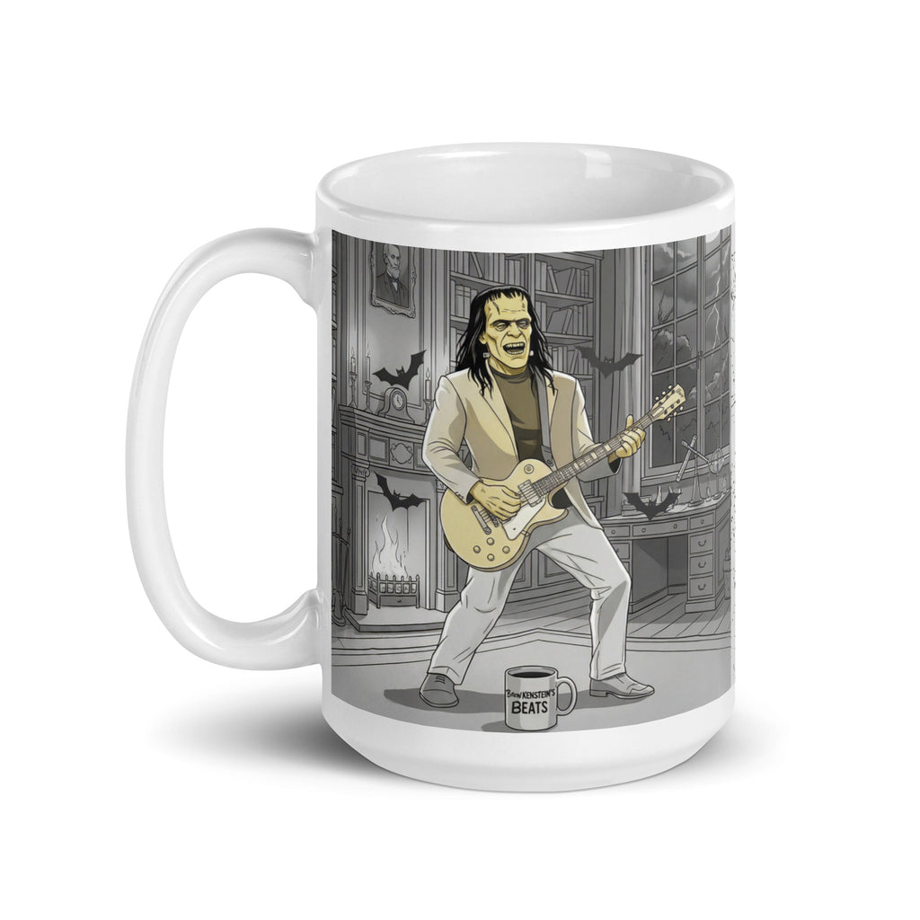 Brew-kenstein Coffee Monster | Burn for What You Love …Premium ceramic mug-Monster playing guitar with bats fying around - mug on floor with words "Brew-kenstein's Beats" written on front- 15 oz left view