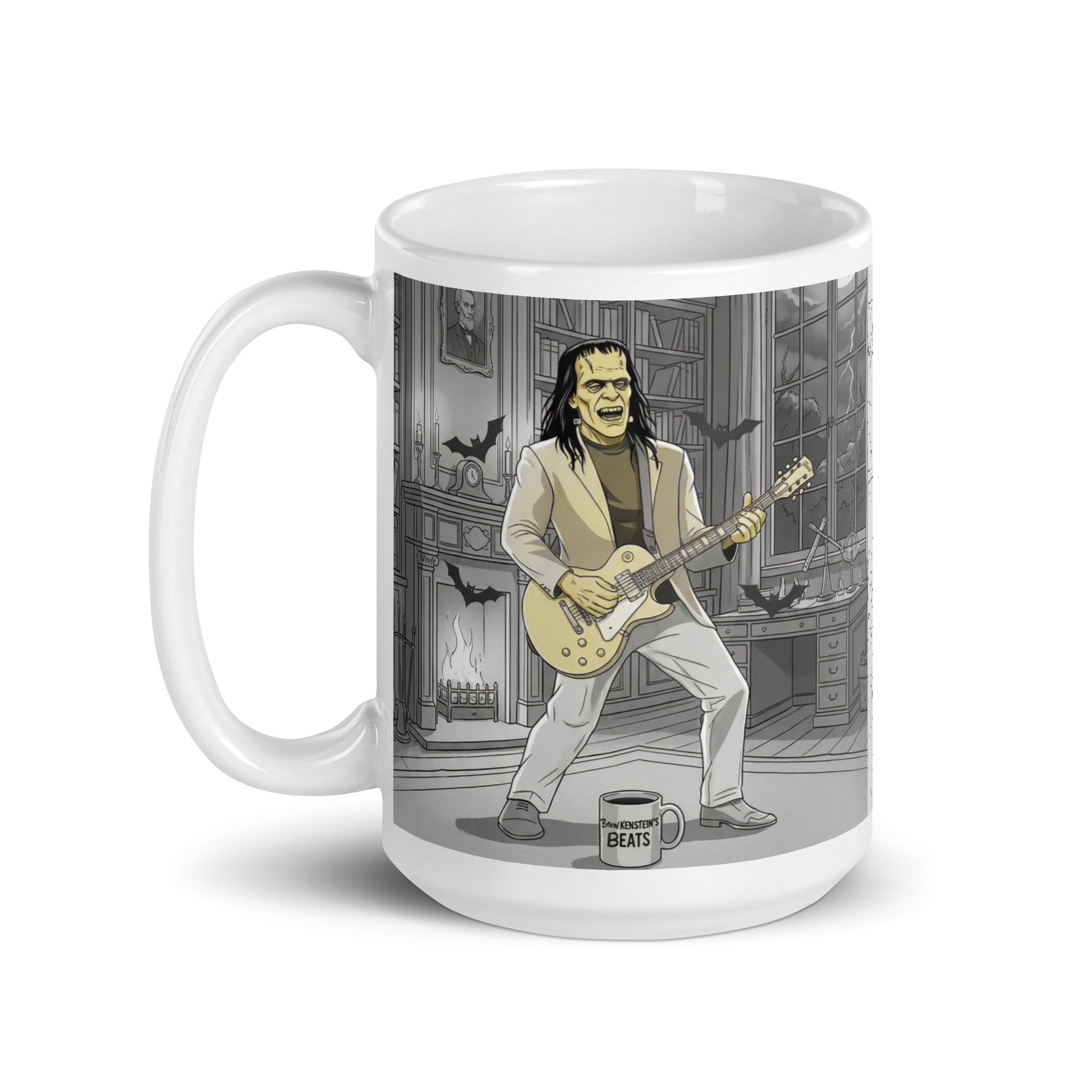 Brew-kenstein Coffee Monster | Burn for What You Love …Premium ceramic mug-Monster playing guitar with bats fying around - mug on floor with words "Brew-kenstein's Beats" written on front- 15 oz left view