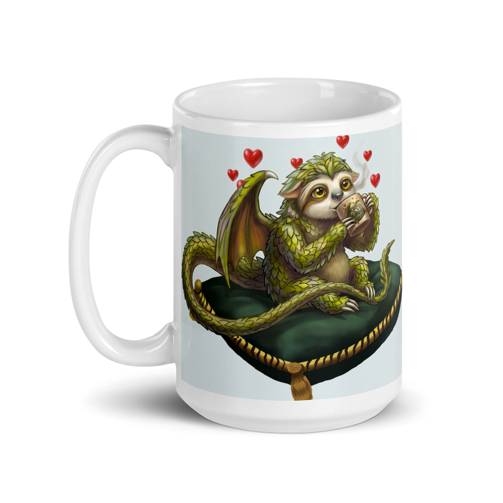 Sleepy Sloth Dragon mug — awake dragon holding coffee cup with hearts, gothic fantasy ceramic mug- 15 oz left view