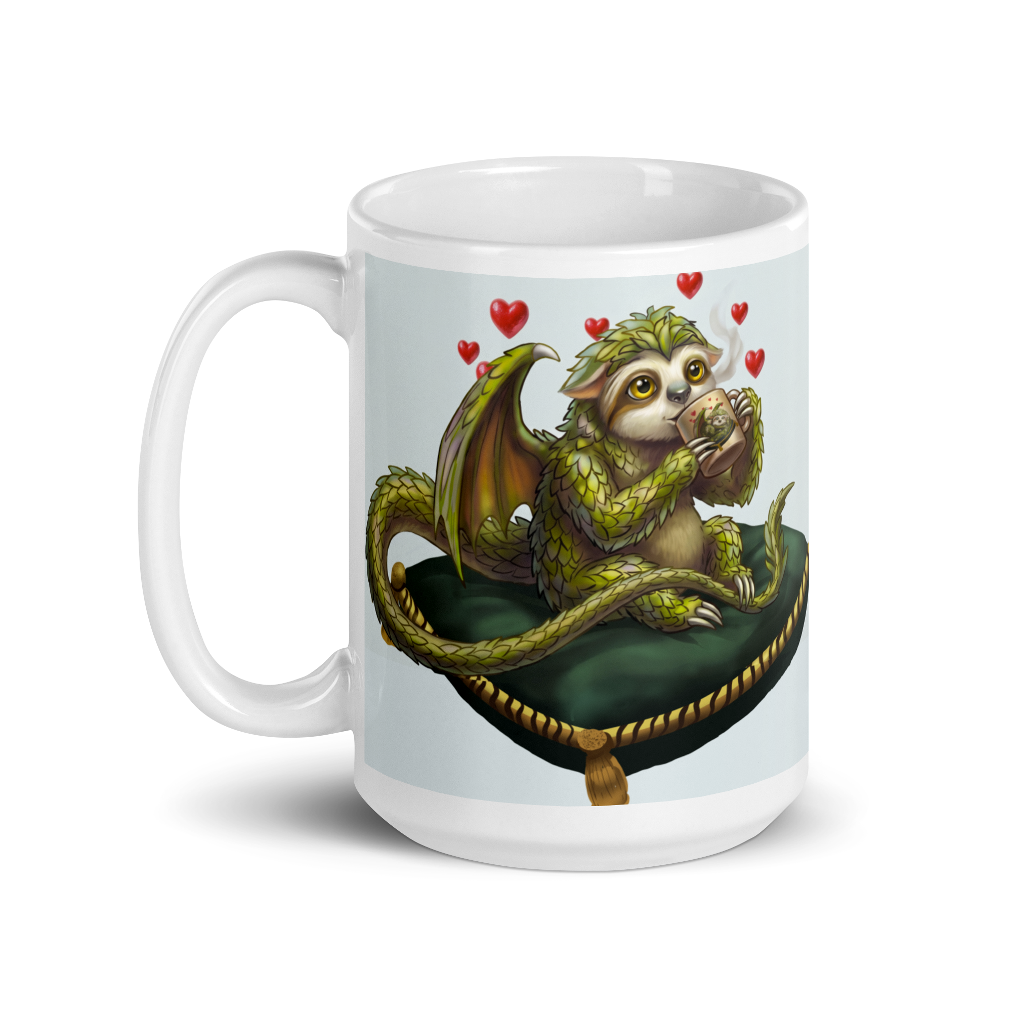Sleepy Sloth Dragon mug — awake dragon holding coffee cup with hearts, gothic fantasy ceramic mug- 15 oz left view