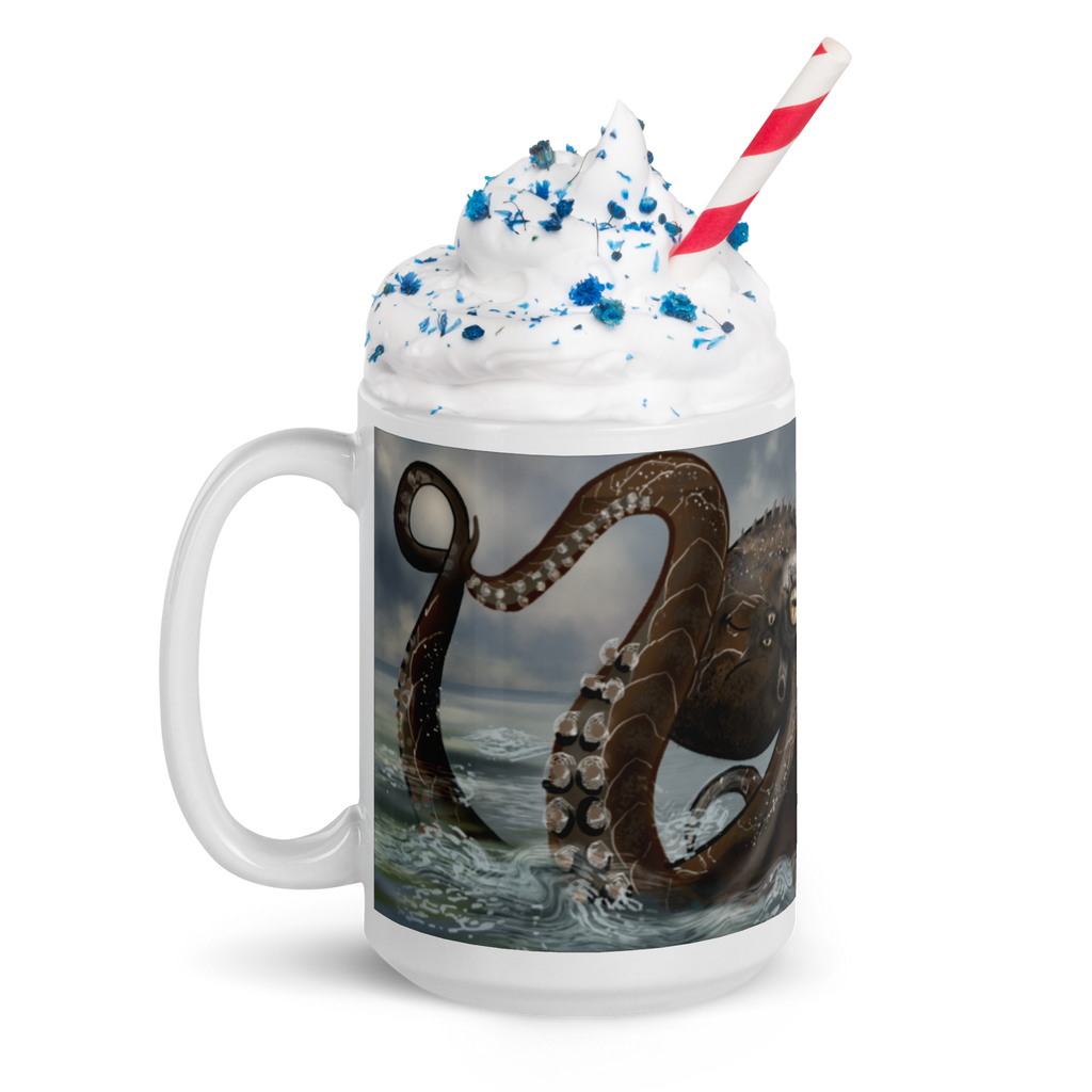 Mug with octopus design and whipped cream on a white background - 15 oz left view