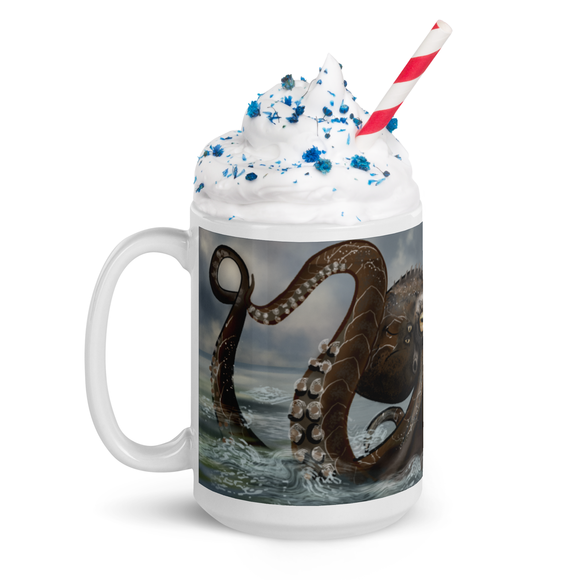 Mug with octopus design and whipped cream on a white background - 15 oz left view