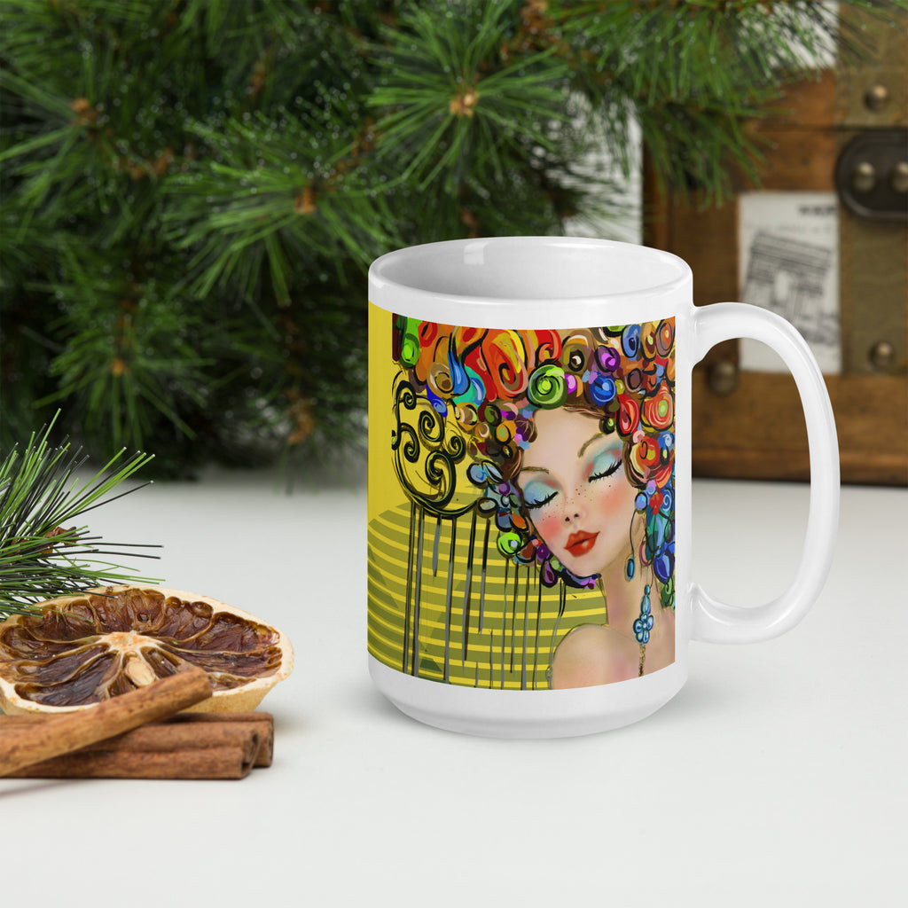 Art Deco Rainbow Swirl Woman Mug - Klimt Inspired White Ceramic Mug-15-oz-right