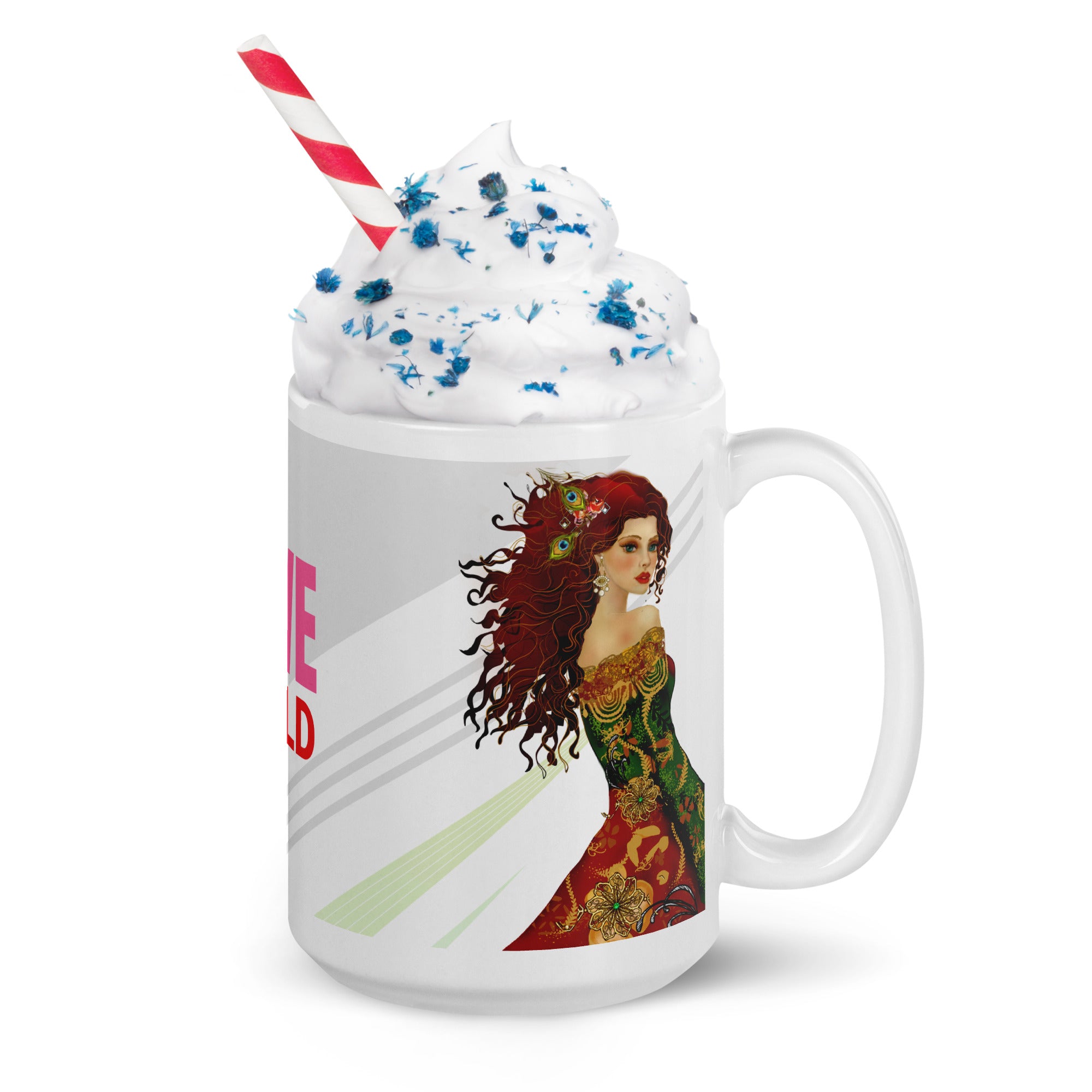 Bohemian Peacock Woman Mug - Live Bold White Ceramic Coffee Mug-15-oz-right