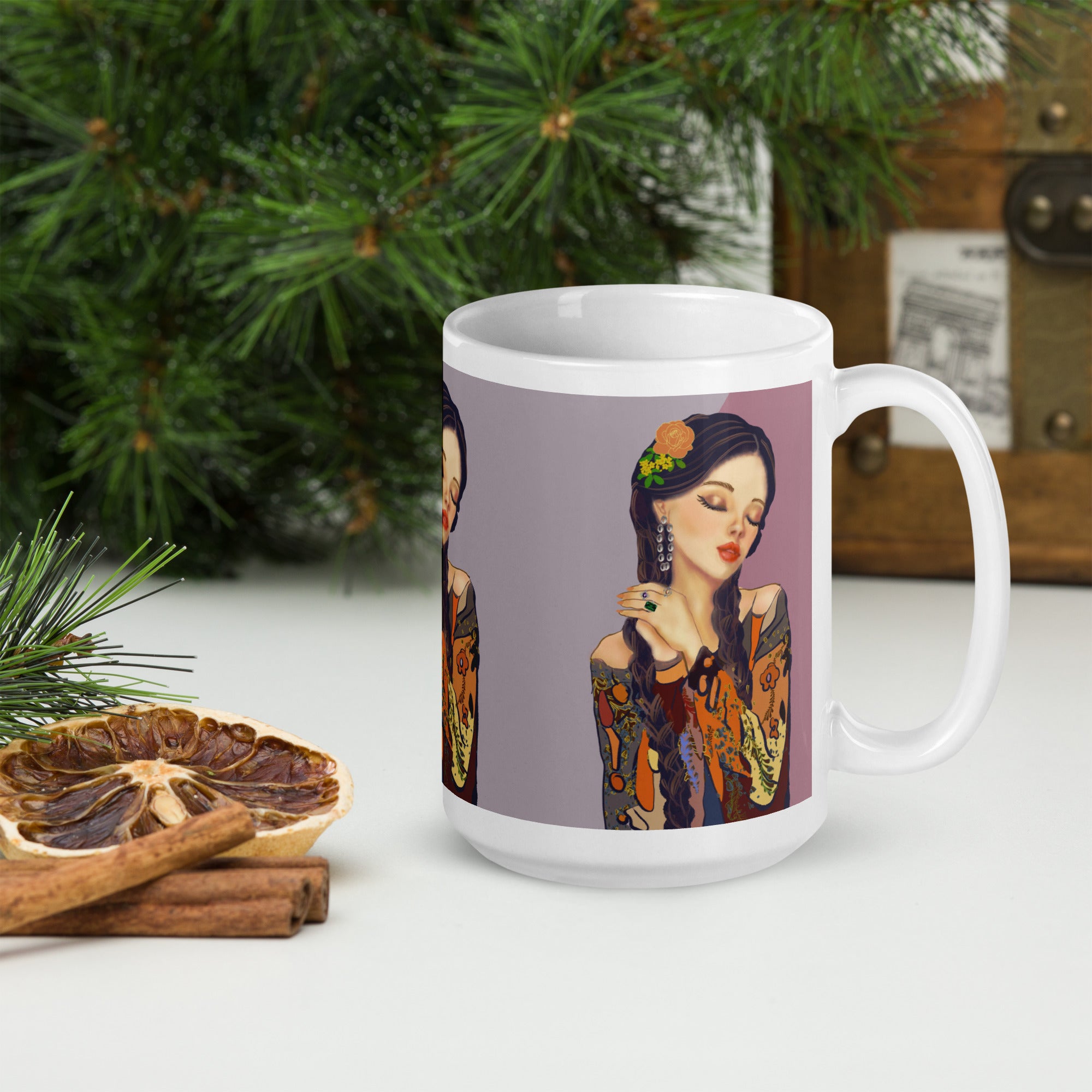 Vintage Pin-Up Woman Mug - Colorful Patterned Blouse White Ceramic Mug-15-oz-right