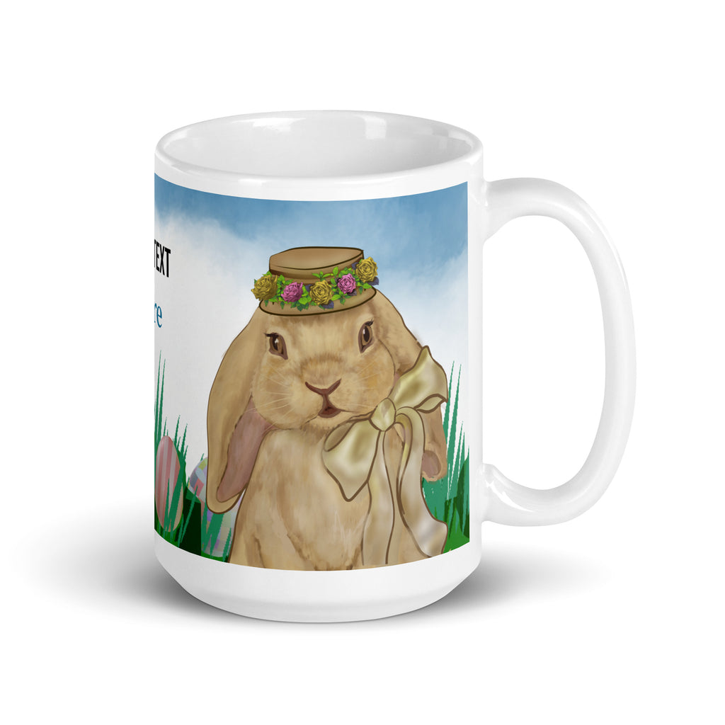 Spring Bunny Lady Mug Easter Coffee Mug with charming spring bunny adorned with a delicate flower crown hat in field of grass, light blue sky and Easter eggs. Customize with text in all sizes - 15 oz - font view