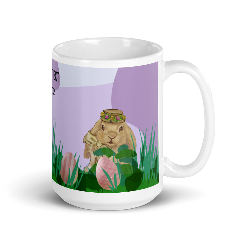 Spring Bunny Lady Mug Easter Coffee Mug with charming spring bunny adorned with a delicate flower crown hat in field of grass, lavender pattern background and Easter eggs. Customize with text in all sizes - 15 oz - right view