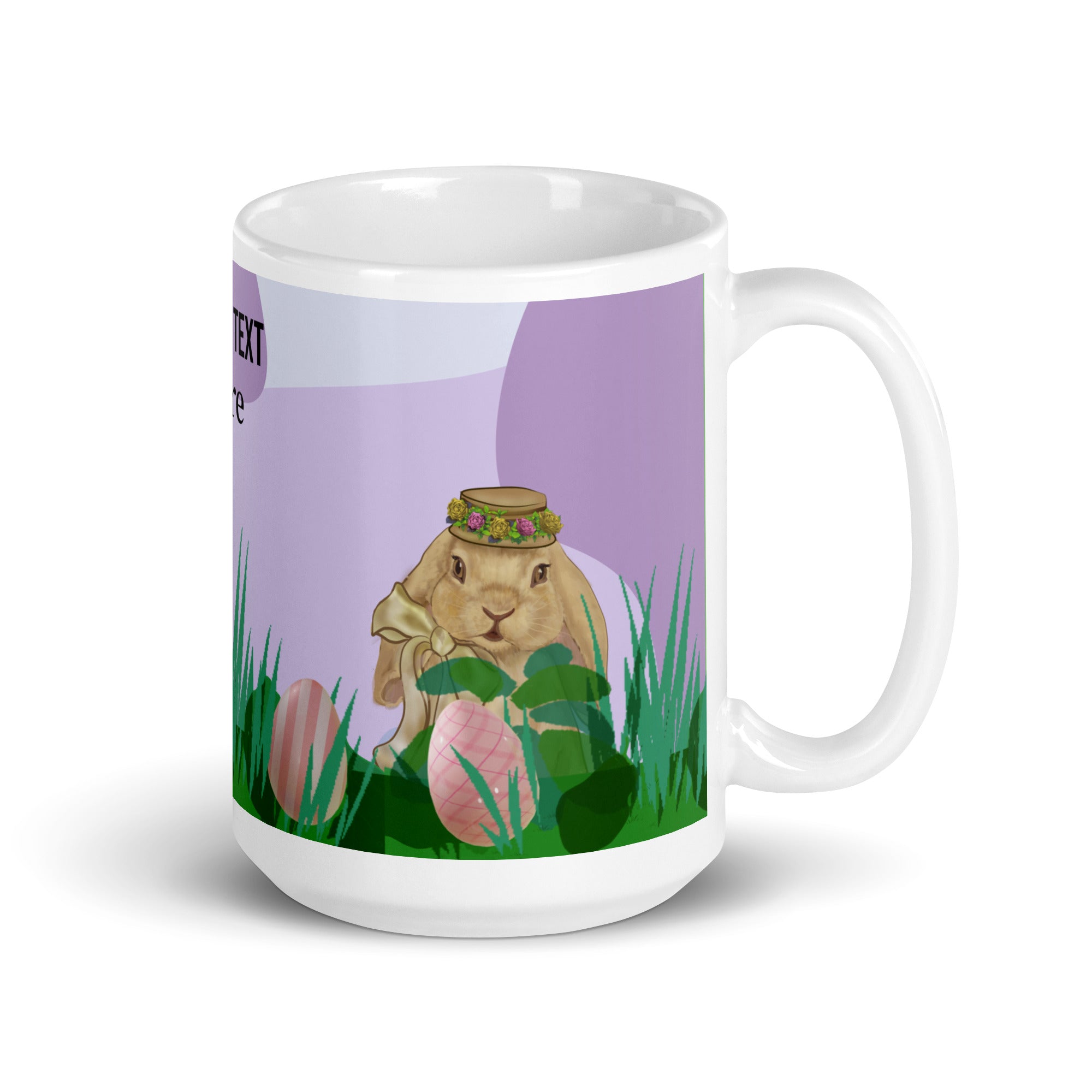 Spring Bunny Lady Mug Easter Coffee Mug with charming spring bunny adorned with a delicate flower crown hat in field of grass, lavender pattern background and Easter eggs. Customize with text in all sizes - 15 oz - right view