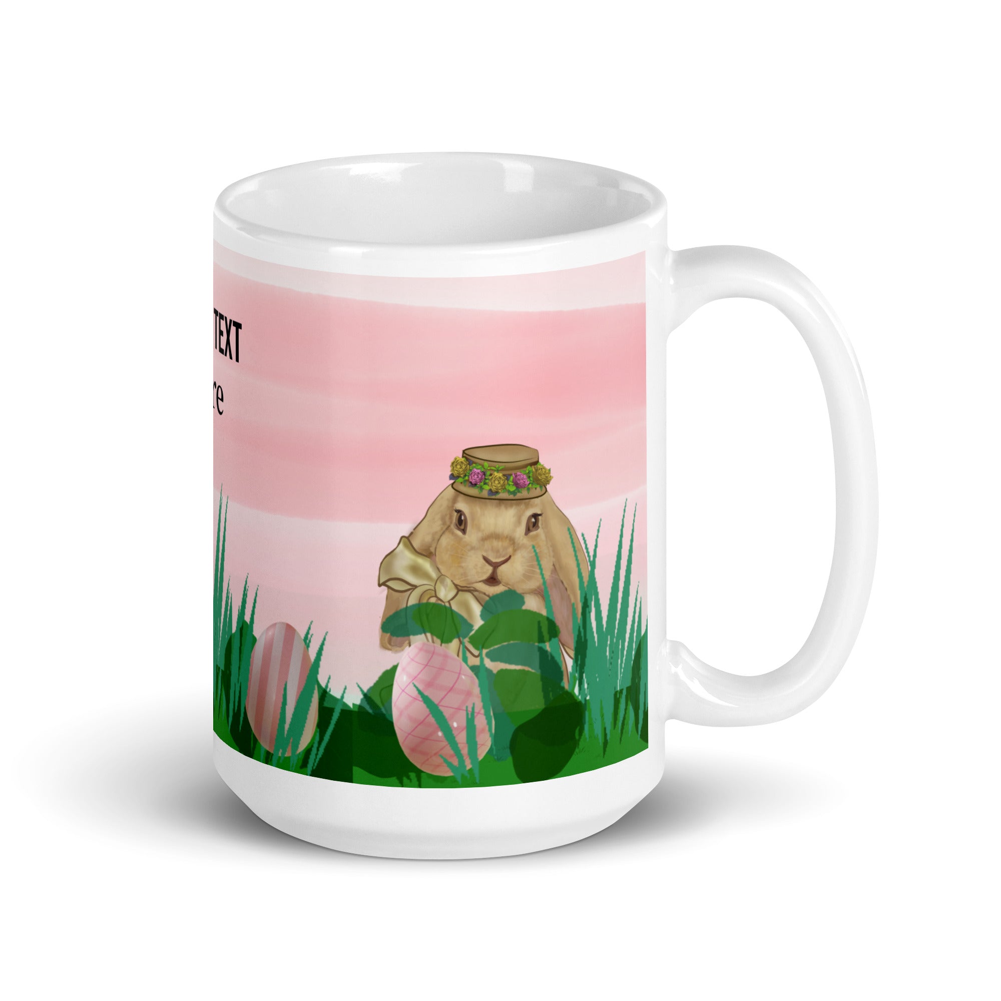 Spring Bunny Lady Mug Easter Coffee Mug with charming spring bunny adorned with a delicate flower crown hat in field of grass, pink sky and Easter eggs. Customize with text in all sizes - 15 oz - right view