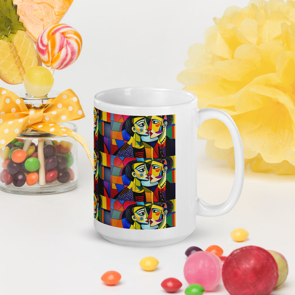 Abstract Kiss Ceramic Mug 2 - Romantic Abstract Art Ceramic Mug -colorful pattern with couple kissing-15-oz - right view