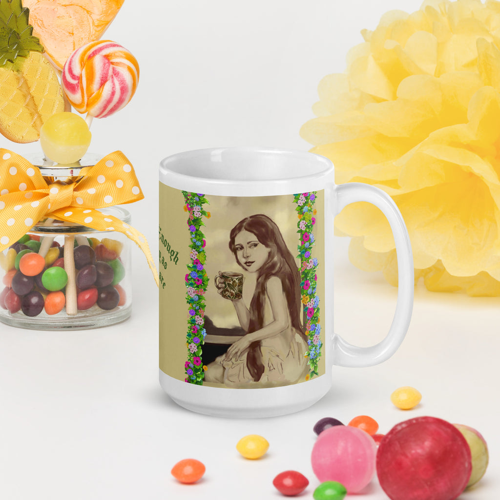 Beautiful Premium white ceramic mug features a vintage sepia-toned woman with flowing hair, holding an ornate decorative mug, framed by colorful floral garlands. With the empowering message "You are Enough Exactly as You are" -15 - oz right view