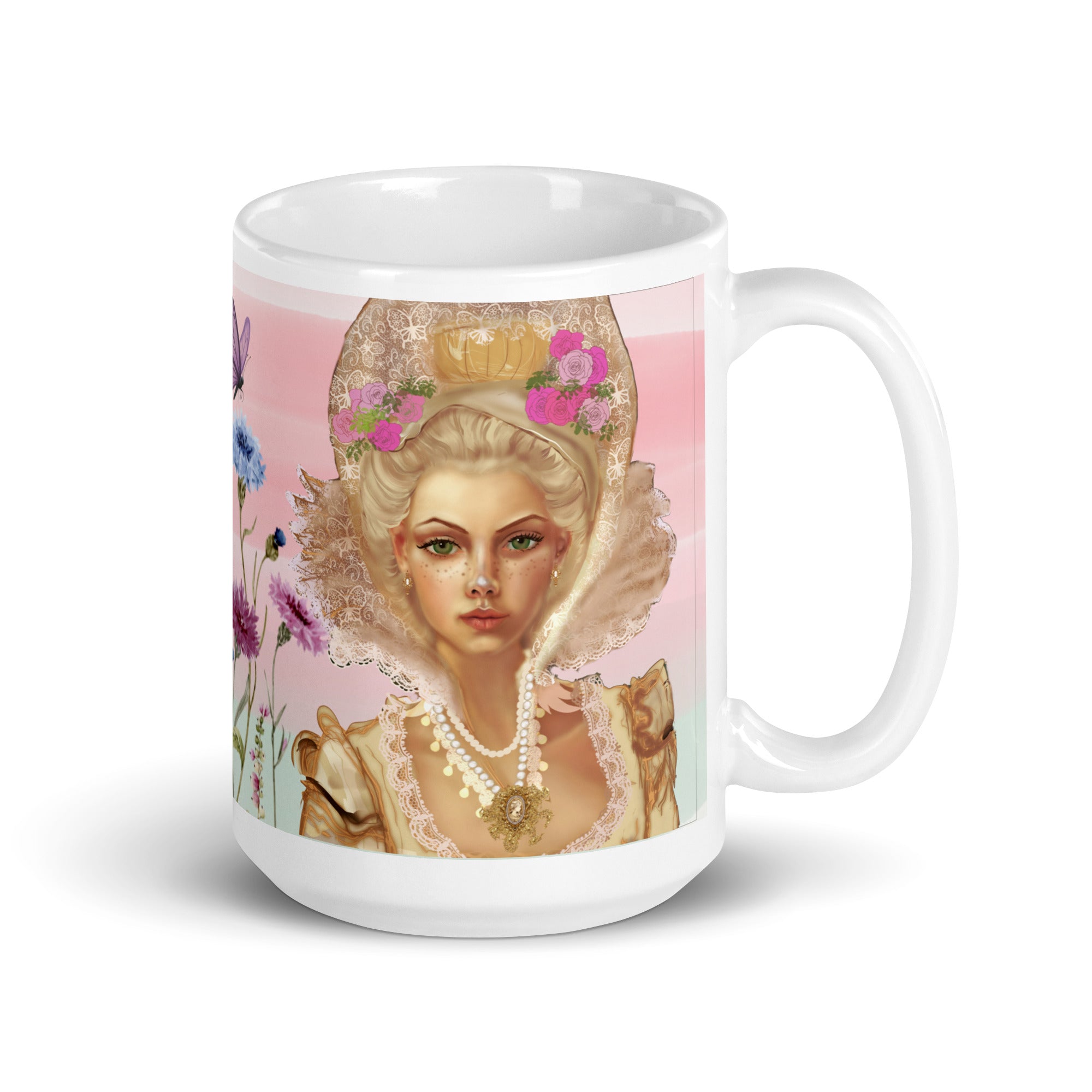 Stunning Premium white ceramic mug features the iconic French queen Marie Antoinette with her elaborate updo hairstyle, ornate golden crown adorned with pink flowers, magnificent white lace Elizabethan collar, and pearl necklaces. Surrounded by her beloved cornflowers (bleuets) and a delicate purple butterfly - 15 - oz  right view