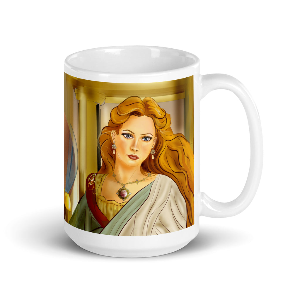 Premium white ceramic mug features Helen of Troy, the legendary beauty that launched 1000 ships that lead to the Trojan war. With her flowing golden hair, striking green eyes, elegant white dress with green sash, and purple gemstone necklace 15 - oz - right view
