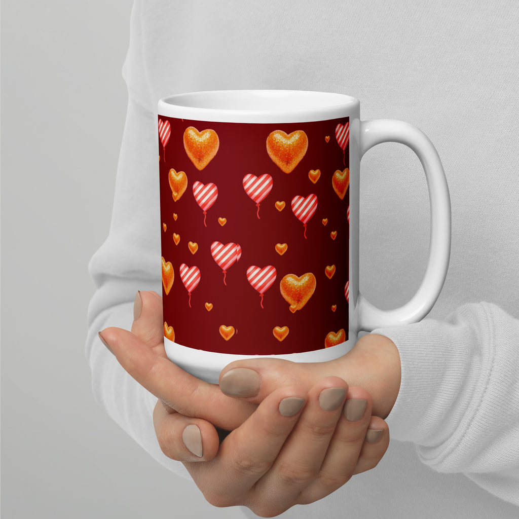 Premium Ceramic Beautiful heart balloons Valentine mug held in persons hand -with burgundy background! Watercolor hearts and striped heart balloons - perfect for romantic gifts and love celebrations - 20 oz - right view
