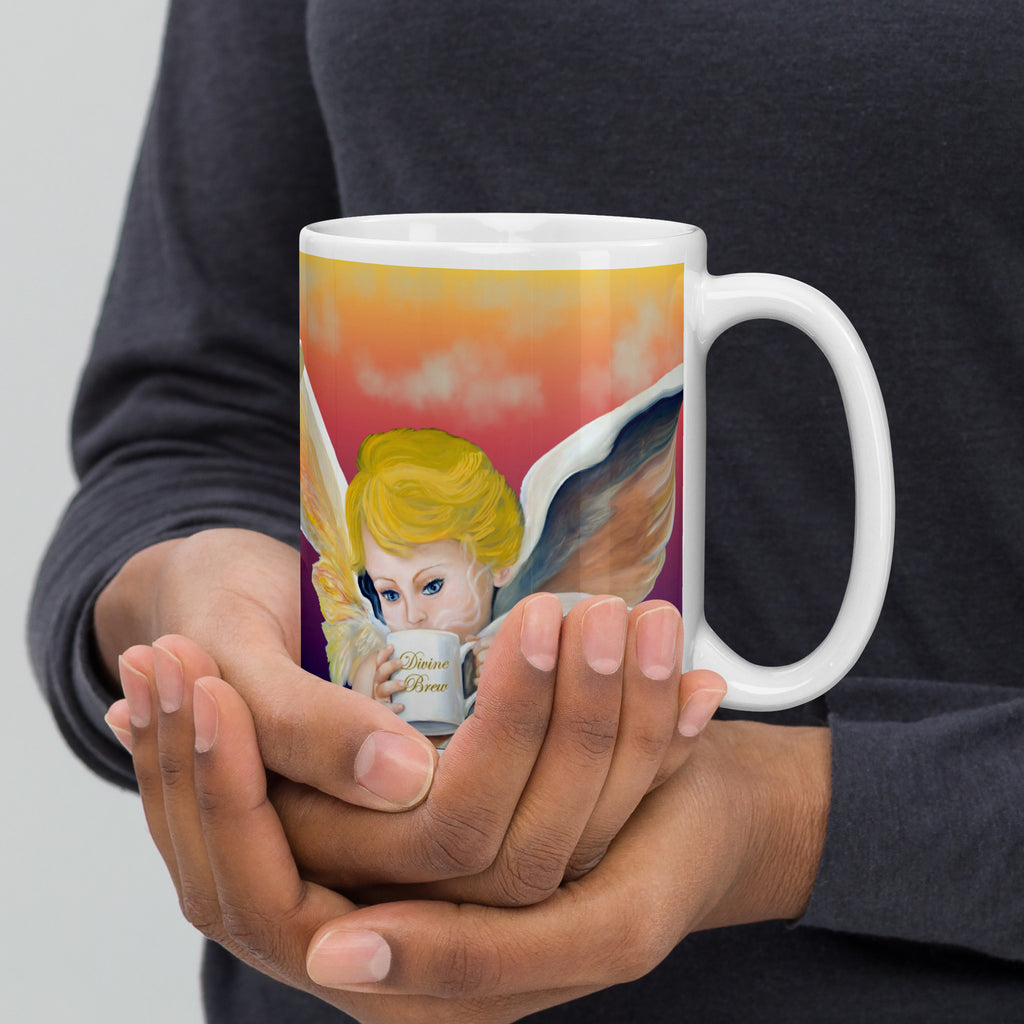 Beautiful Divine Brew Amorino angel premium ceramic mug with original oil painting! Classical Renaissance cherub with coffee - 15 - oz right view