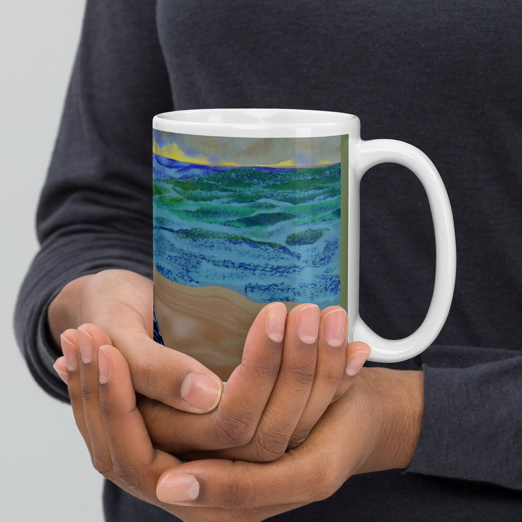 Stunning Resting Beach Face mug featuring Renoir's muse! Original Impressionist oil painting with beach vibes and coffee humor - perfect for art lovers! 15 -oz right view
