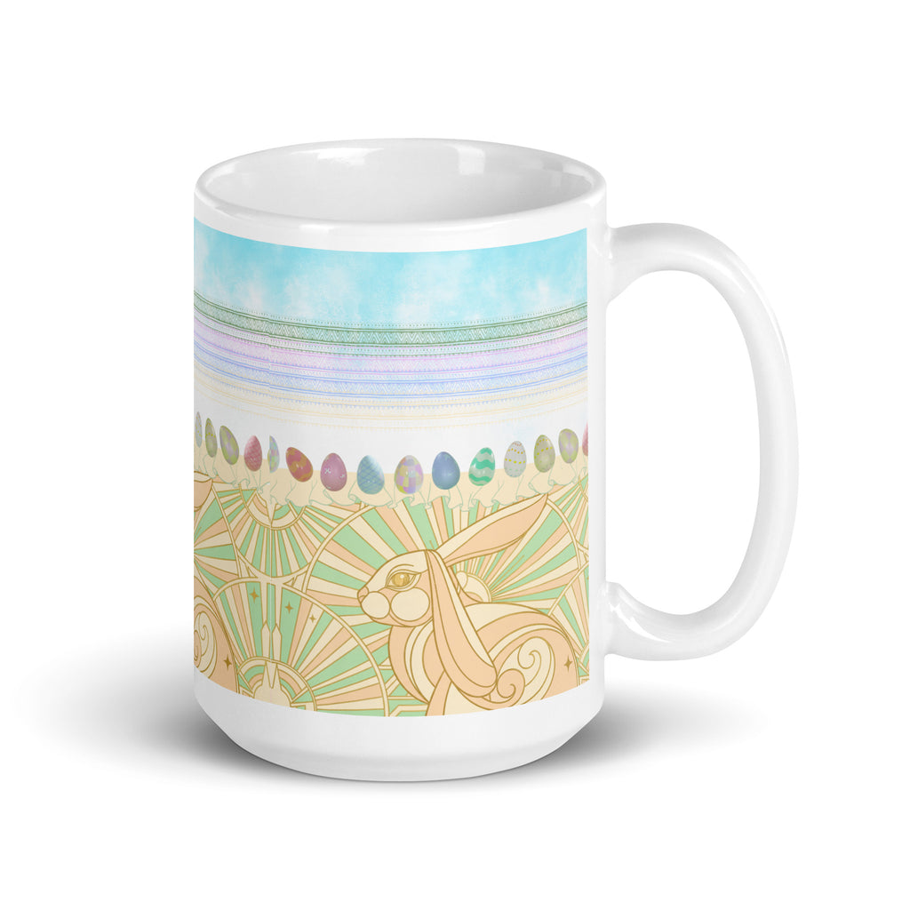 Premium white ceramic - Art Deco Easter bunny mug - Art Deco golden bunny with geometric sunburst pattern
Row of watercolor Easter eggs in pastel pink, blue, green, and lavender
Decorative bands in soft turquoise, lavender, and pink
Elegant geometric and ornamental details
Perfect blend of vintage Art Deco and spring Easter themes - 15 oz right view
