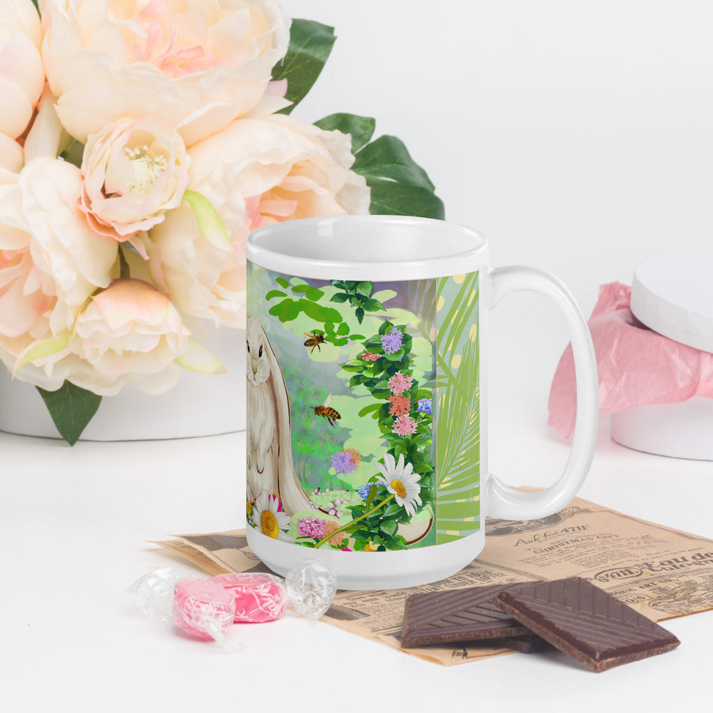 Premium white ceramic- Floppy Eared Easter Bunny Mug- Forest setting adorable floppy eared bunny surrounded by flowers ,butterflies and a few bees. 11 oz - right view
