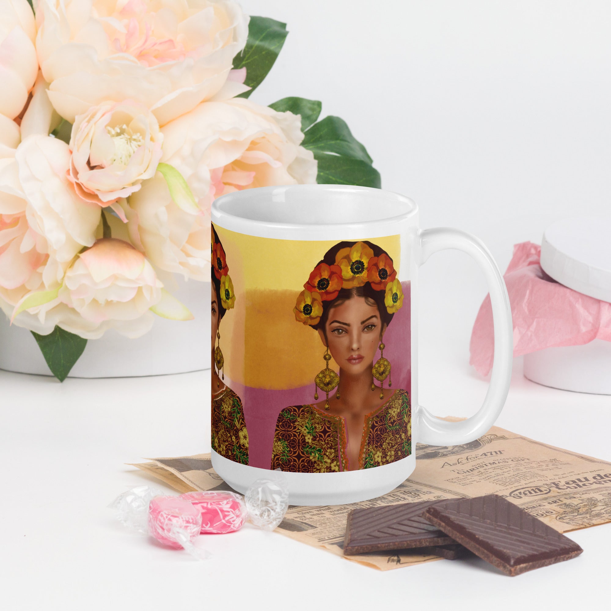Premium white ceramic -Frida Kahlo Inspired Floral Crown Mug - Artistic Ceramic Coffee Mug- white-15-oz-right