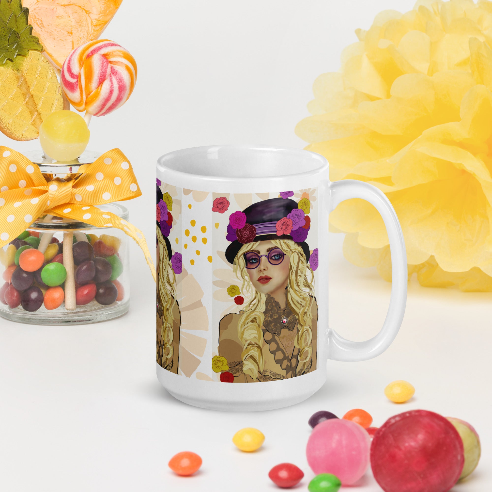Premium White Ceramic -Bohemian Chic Flower Hat Mug - Stylish Woman White Ceramic Mug-15-oz-right