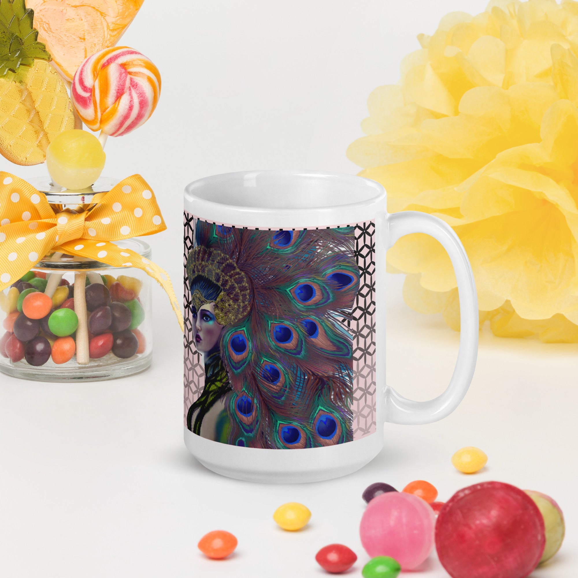 Premium White Ceramic - Peacock Queen Ceramic Mug - Majestic Peacock Design -15-oz right