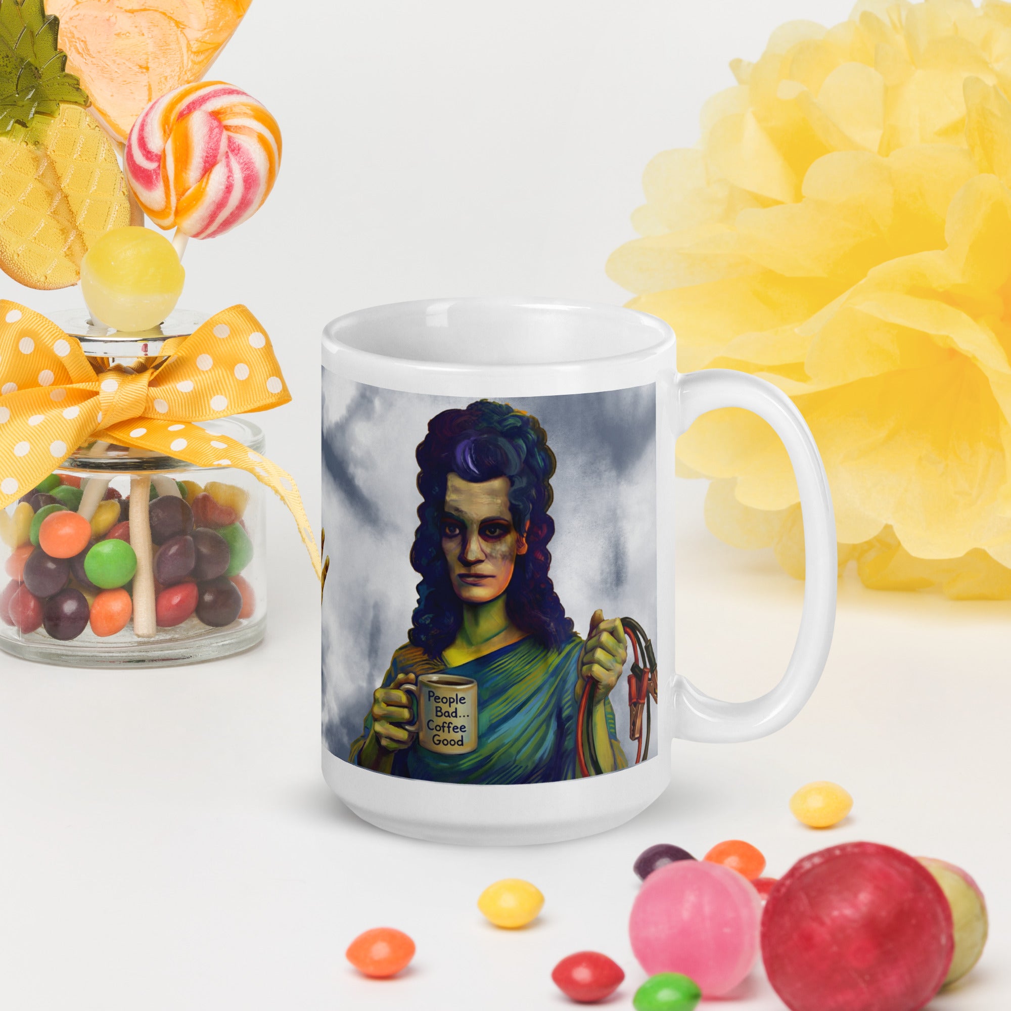 Premium white ceramic -Frankenstein & Bride Coffee Mug - Made for Each Other, Mostly for Coffee - shows Frankenstein's bride holding jump cables and a mug that has " People bad coffee good" written on it - 15 oz right view