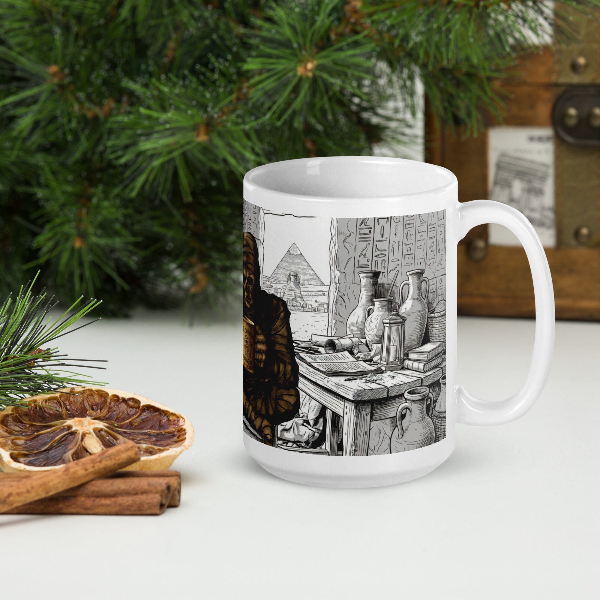 Premium white ceramic coffee mug -Additional tomb scene with hieroglyphic walls, urns, scrolls, and archaeological details 15 oz right view