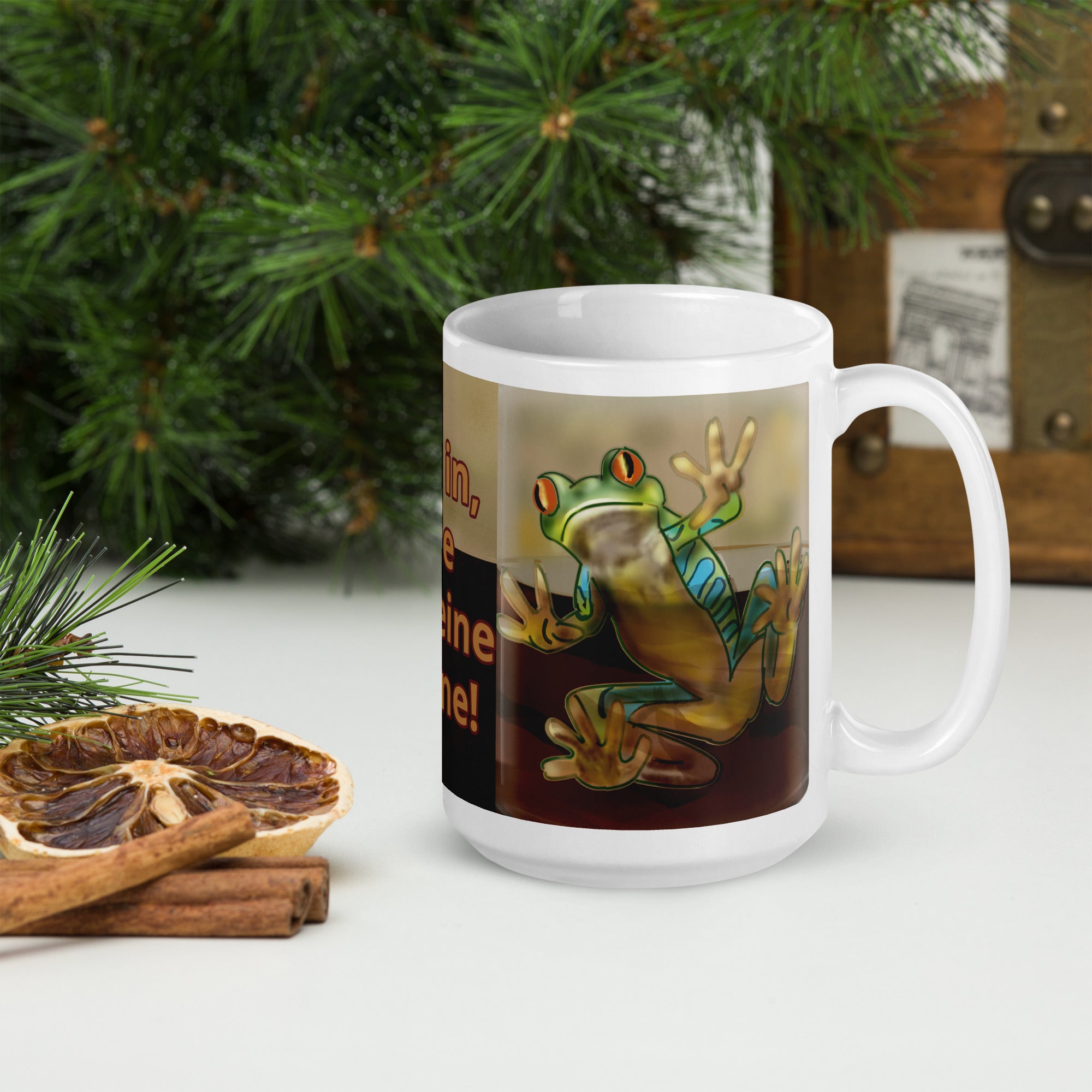 Premium white ceramic - Hop in, the caffeine is fine! text on coffee mug- features a bright green and blue tree frog peeking through the coffee with bright orange eyes - 15 oz right view