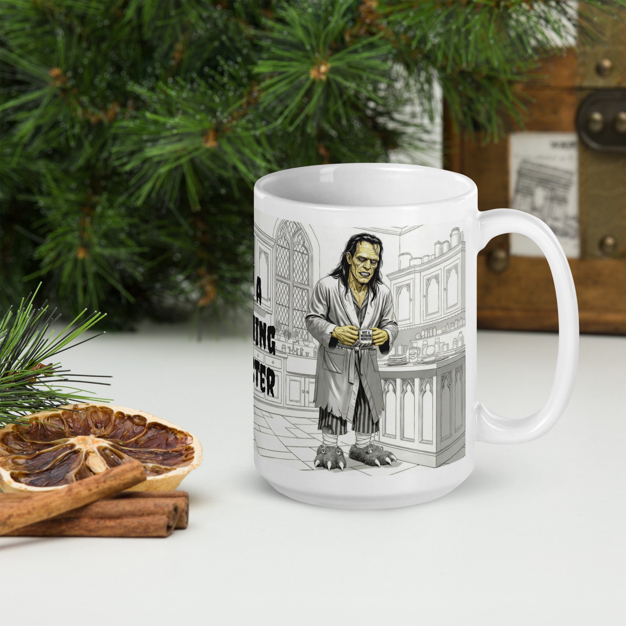 Not a Morning Monster Mug - Brew-kenstein Coffee Gothic | Brew Crew — Premium white ceramic mug with Brew-kenstein in bathrobe and monster slippers in his gothic kitchen. 15 oz - right