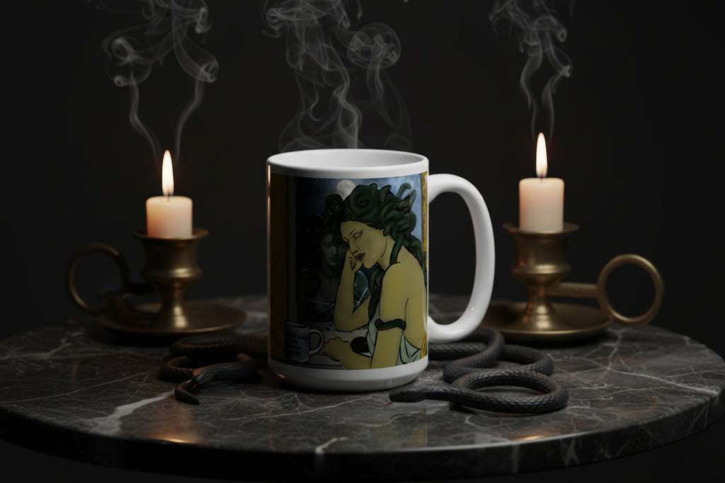 (Medusa at vanity): Medusa mug right view showing Medusa slumped at a cracked mirror vanity, snakes in her hair, a mini mug that reads "Don't Look at Me Before Coffee" — 15oz glossy white ceramic mug by Brew Crew Mugs