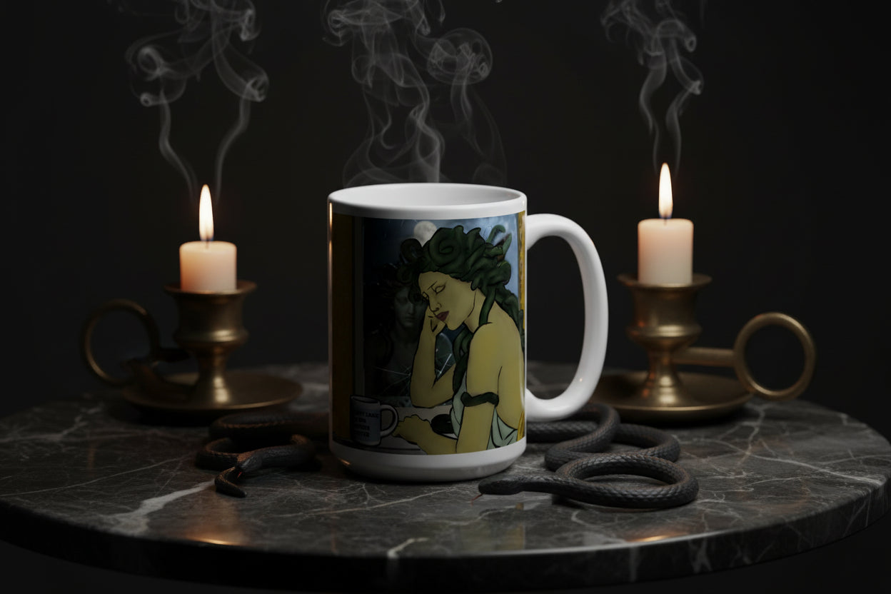 (Medusa at vanity): Medusa mug right view showing Medusa slumped at a cracked mirror vanity, snakes in her hair, a mini mug that reads "Don't Look at Me Before Coffee" — 15oz glossy white ceramic mug by Brew Crew Mugs