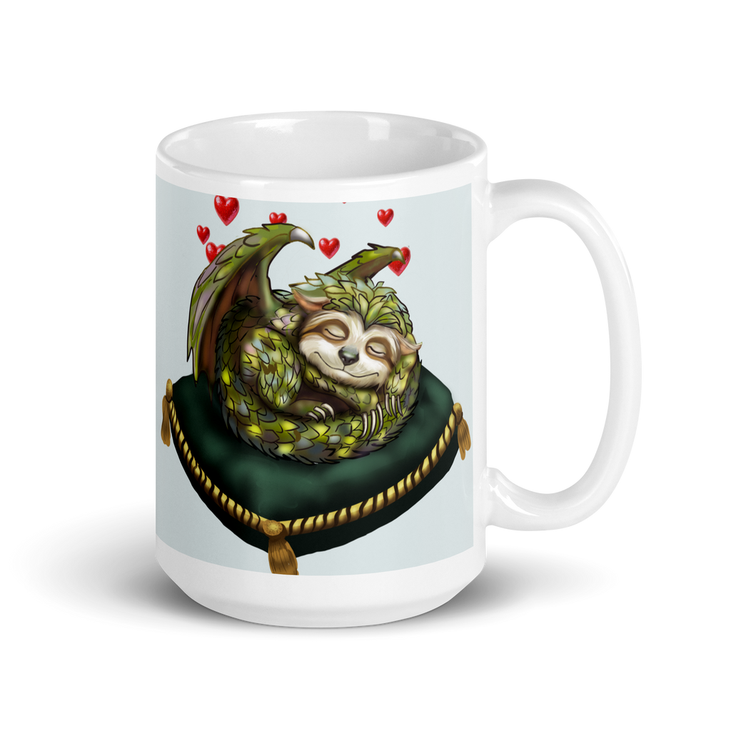 Sleepy Sloth Dragon mug — cozy dragon sleeping on velvet pillow with floating hearts - Brew Crew Monster Collection - 15 oz right view
