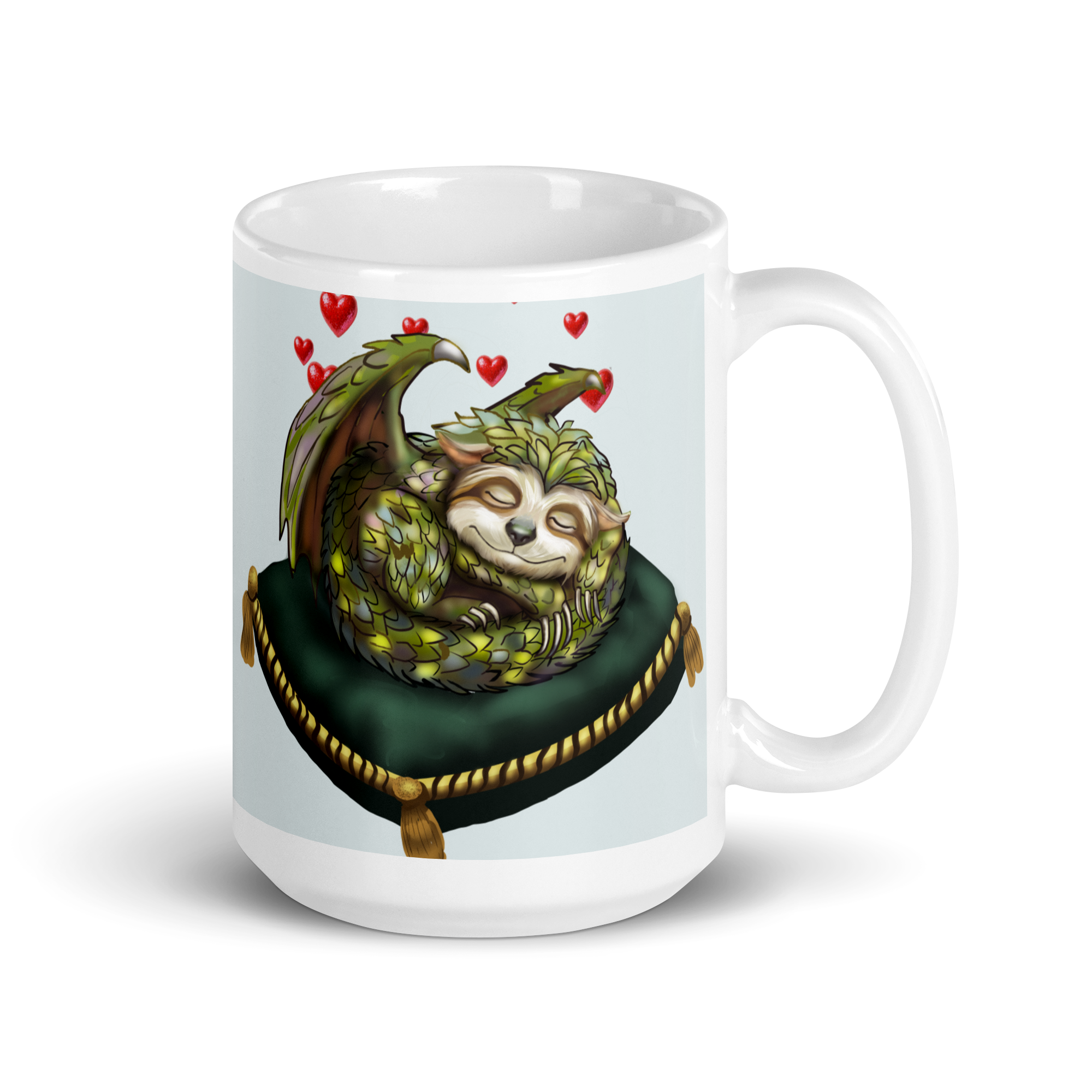 Sleepy Sloth Dragon mug — cozy dragon sleeping on velvet pillow with floating hearts - Brew Crew Monster Collection - 15 oz right view
