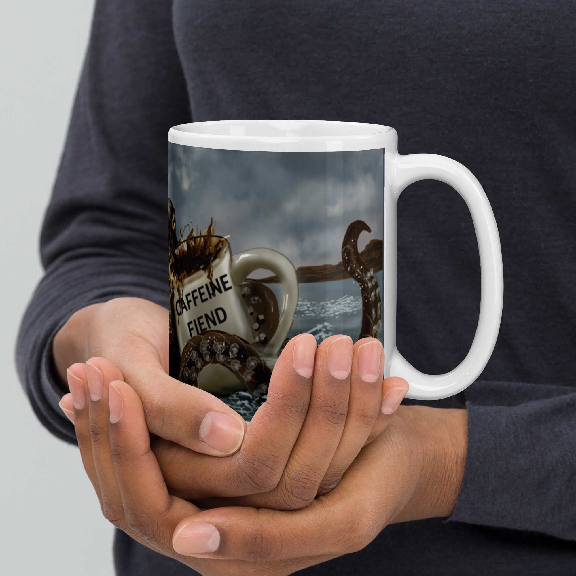 Person holding a premium ceramic white mug with a coffee-themed design against a plain background - 15 oz right view