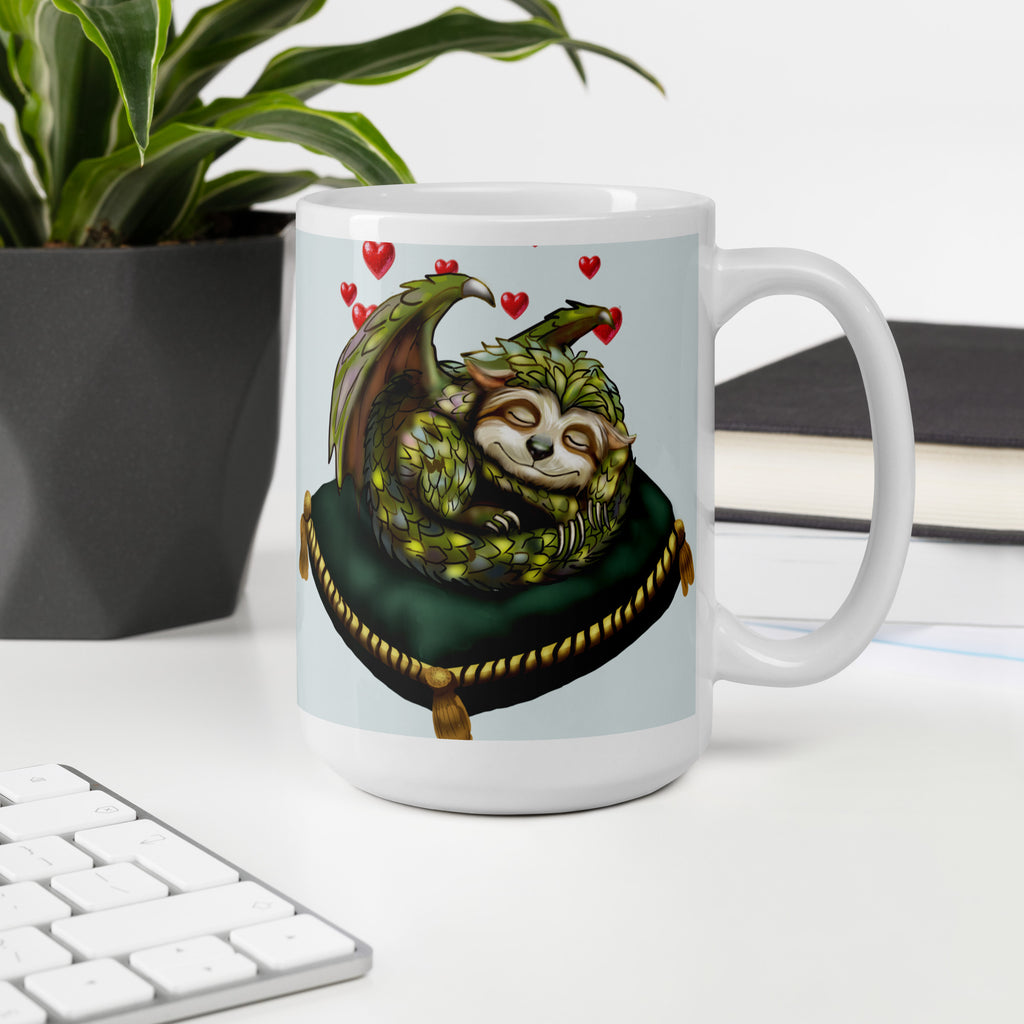 Sleepy Sloth Dragon mug - sleeping dragon curled on velvet pillow -15 oz right view - office setting