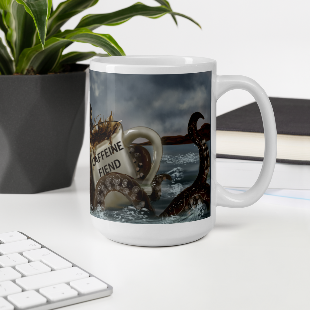 Premium ceramic Mug with a Kraken and coffee design on a desk with a plant and books in the background - 15 oz right view