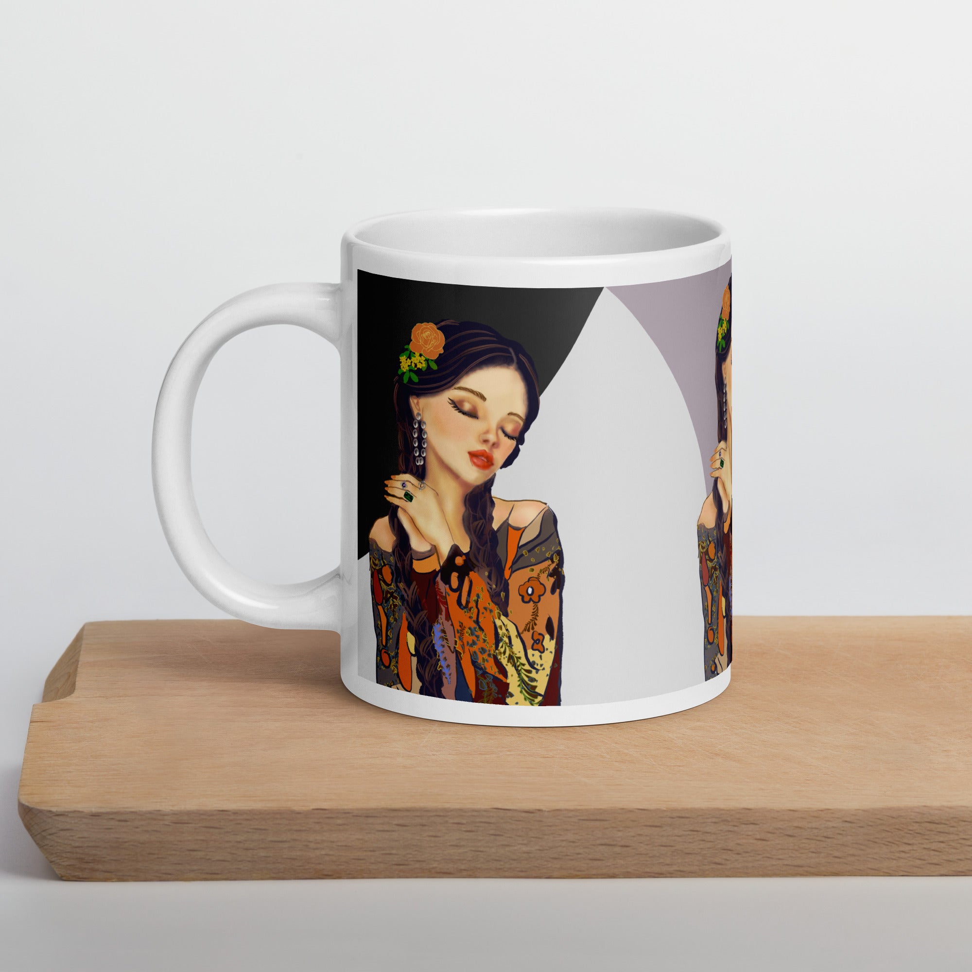 Vintage Pin-Up Woman Mug - Colorful Patterned Blouse White Ceramic Mug-20-oz-left