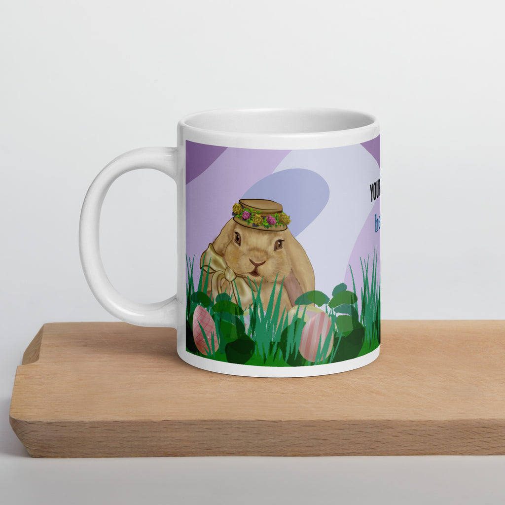 Premium white ceramic Mug - Spring Bunny Lady Mug - Personalized Easter Ceramic Coffee Mug - lavender-20oz - Adorable Spring Lady  bunny with floral crown hat in a garden of easter eggs - 20 oz - left view