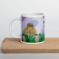 Premium white ceramic Mug - Spring Bunny Lady Mug - Personalized Easter Ceramic Coffee Mug - lavender-20oz - Adorable Spring Lady  bunny with floral crown hat in a garden of easter eggs - 20 oz - left view