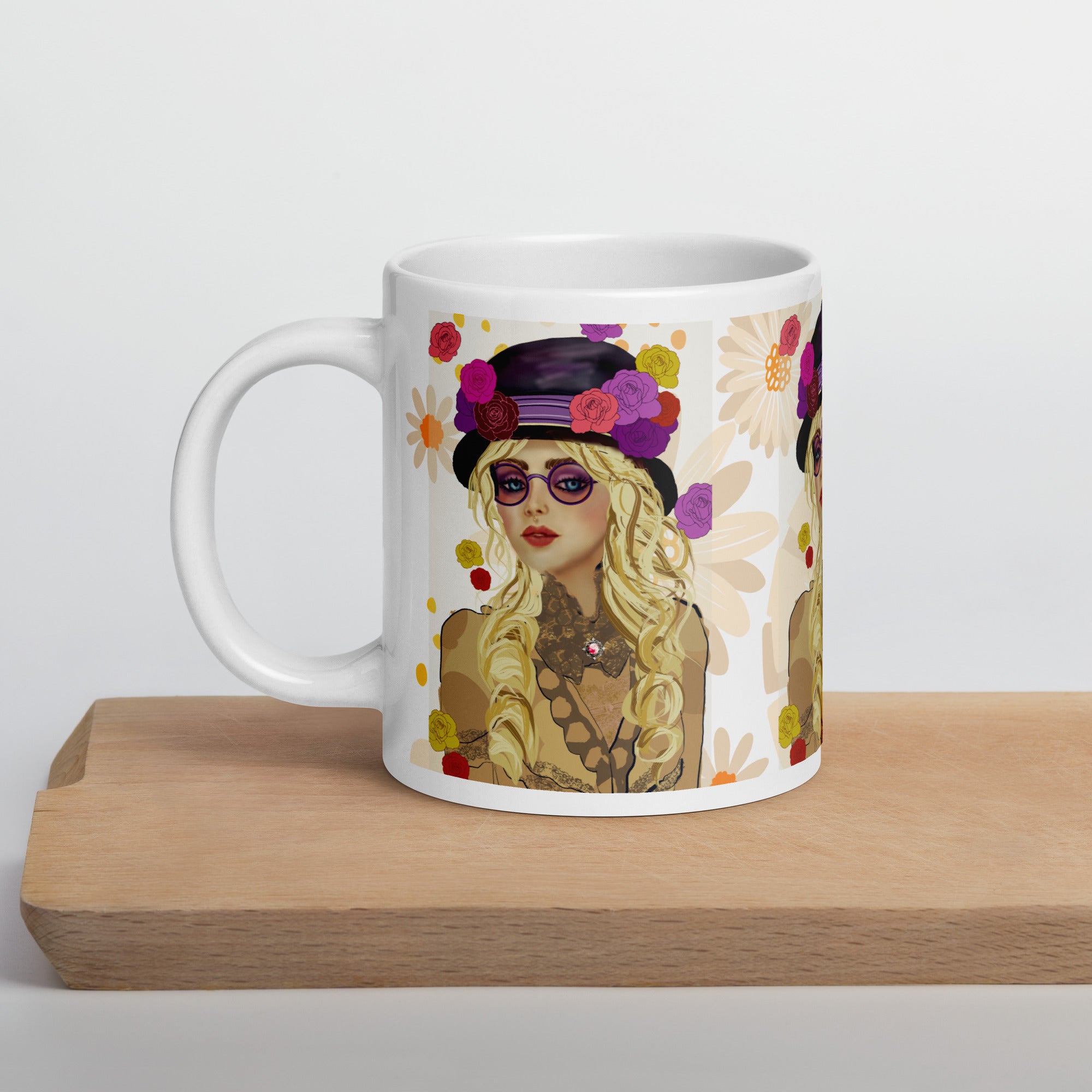 Premium White Ceramic -Bohemian Chic Flower Hat Mug - Stylish Woman White Ceramic Mug-20-oz-left