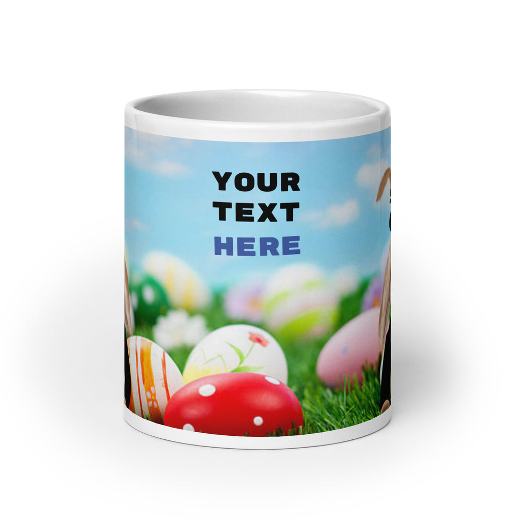 Personalized Dapper Bunny Easter Mug with custom text option on sky blue background with Easter eggs - 20 oz ceramic mug - front view