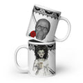 Shut the Fuh Cup Mug - Bride of Frankenstein Coffee Gothic | Brew Crew- Premium white ceramic mug -right view- skull with red rose and gothic bat lace on top rim
Left view- Frankenstein's monsters bride wearing a white dress made of bandages, and a black choker - her hair is disheveled  and with her blank stare she holds her coffee mug with text "shut the fuh cup" written. Gothic bat lace on top rim - 20 oz mug view