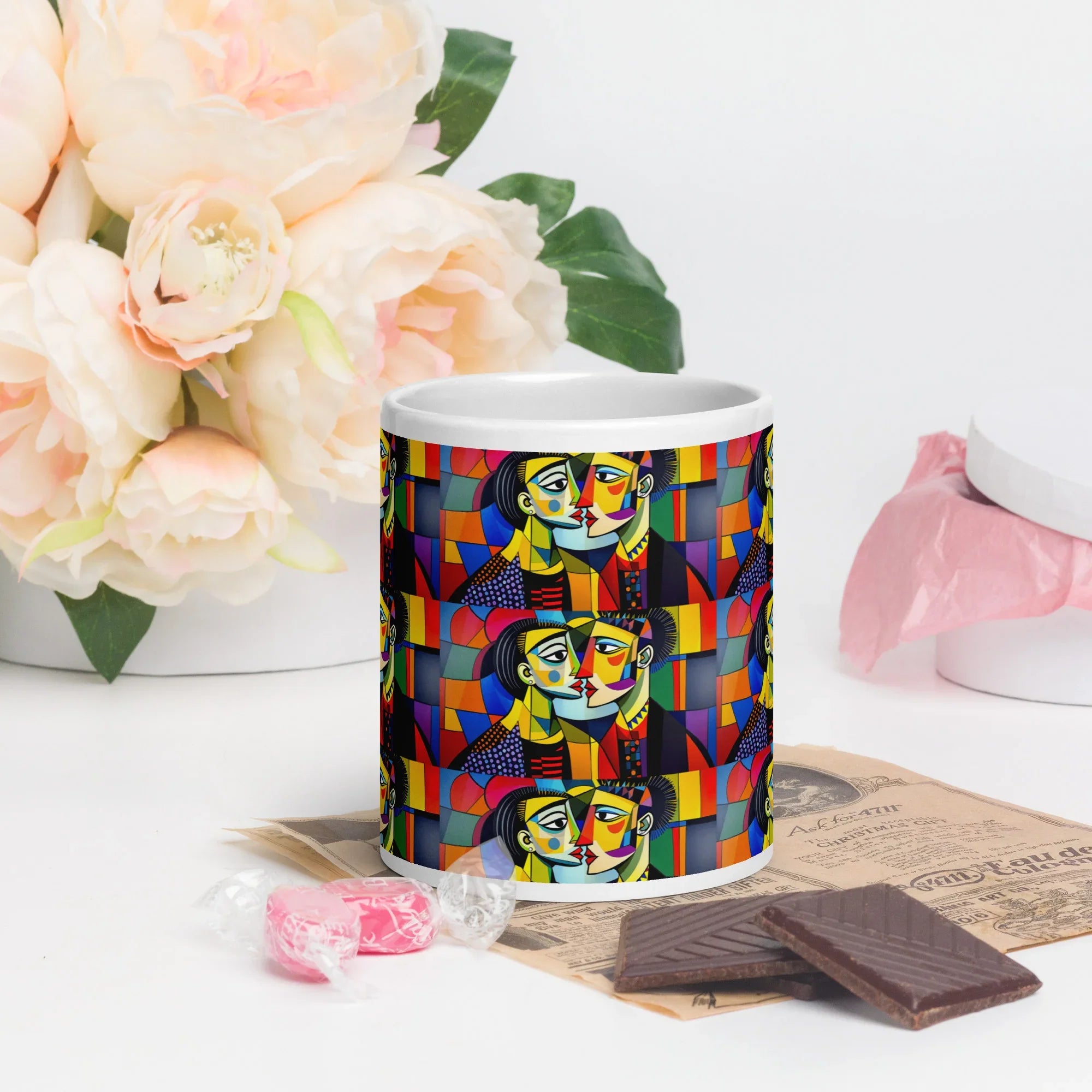 Colorful ceramic mug with modern abstract face art, displayed with flowers and chocolate