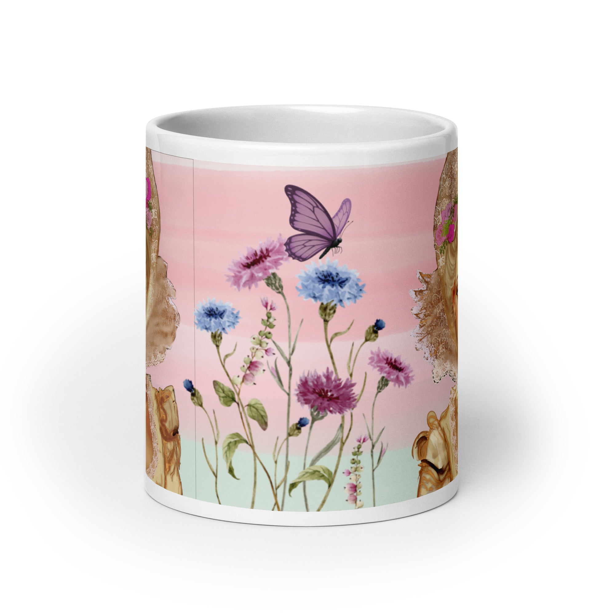 Stunning Premium white ceramic mug features the iconic French queen Marie Antoinette with her elaborate updo hairstyle, ornate golden crown adorned with pink flowers, magnificent white lace Elizabethan collar, and pearl necklaces. Surrounded by her beloved cornflowers (bleuets) and a delicate purple butterfly - 20 - oz  front view