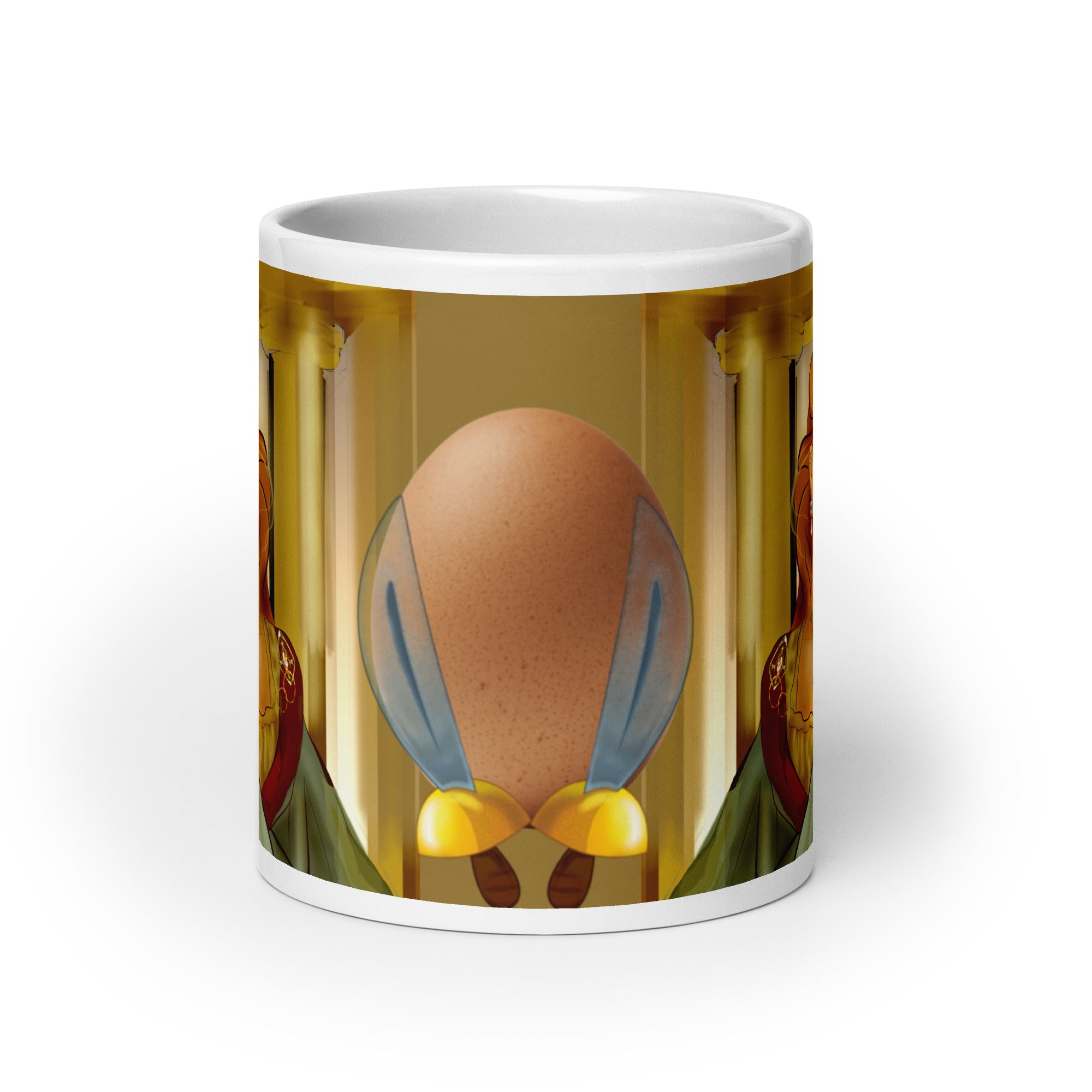 Premium white ceramic mug features an egg with swords symbol of Helens birth .The sword she used as a mirror that reflected her beauty 20- oz - front view